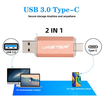 JASTER OTG 2-i-1 USB-Flash-Drev USB3.0 & Type-C & Mikro-USB-128GB 64GB 32GB, 8GB 16GB 4GB Nøgler Dual Pen-Drev, USB-Cle