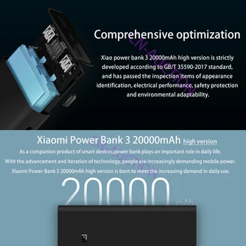 Original Xiaomi Power Bank 3 20000mAh Bærbar Oplader, Strømforsyning Dual USB USB-C To-vejs Hurtig Opladning Mi Ekstern Batteri