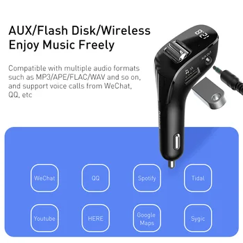 Baseus Bil Oplader Til iPhone FM Transmitter Aux-Modulator Håndfrit Bluetooth-udstyr Audio MP3-Afspiller Dobbelt USB-Mobiltelefon-Oplader