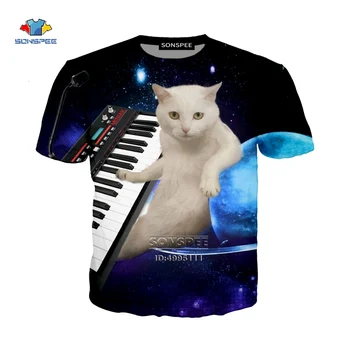 Plads Cat Spille Klaver Pizza Musik 3D-Print Mænd er T-shirts Kvinder Casual T-shirt til Sommeren Tshirt Pullover Streetwear Tøj