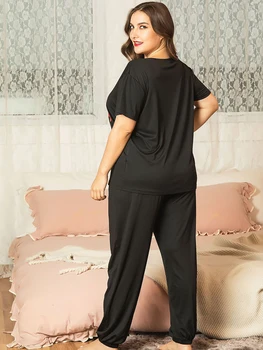 DOIB Kvinder Sort Pyjamas Sæt Kærlighed Brev Print T-Shirt+Lange Bukser Plus Size Nattøj Homewear To Stykker, der Passer Nattøj