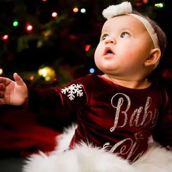 Jul Passer til 3stk lille Barn Snefnug Print-O-Hals Lange Ærmer Rompers + Plys Kort Nederdel + Bold Hårbånd Sæt til Baby Piger
