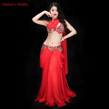 Nye kvinder dance contest kostume 3 delt sæt orientalsk dans performance show bære bling bling max ydre panel rød hvid
