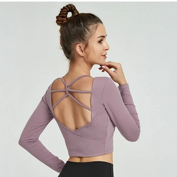 SHINBENE Sexet Almindelig Backless Yoga Sport langærmede Shirts Kvinder Slim Fit Anti-sved Fitness Workout Fitness Beskåret Toppe, S-XL
