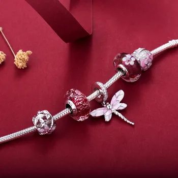 Pink dragonfly stil perler 925 Sterling Sølv perler charms passer Armbånd Aldrig ændre farve DDBJ018-F