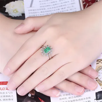 Firkantet Grøn Smaragd-ædelsten diamant Ringe til kvinder 18k hvide guld, sølv farve argent bague luksus smykker bijoux gaver