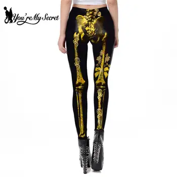 [Du er Min Hemmelig] Classic Gold Skelet Leggings Til Kvinder Mode 3D-Print Halloween Kostume Sport Legings Træning Ankel-Bukser