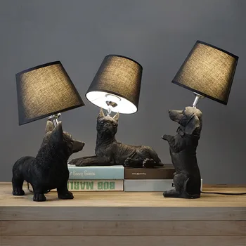 Moderne bed side lampe Med Lampeskærm Harpiks Hund Dyr bordlampe Sort Hvid Farve Børn Soveværelse nordiske bordlampe inventar
