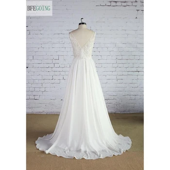 Hvid Chiffon Lace A-line Wedding Dress Domstol Tog Ærmeløs Lynlås Real/Originale Fotos Custom made