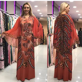 Chiffon trykt slank maxi kjole flare ærmet afrikansk kjortel dashiki ramadan kaftan kjoler mode abaya VKDR2051