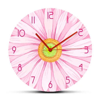 Pink Akvarel Gerbera Daisy Blomst Trykt Vægur Se Botanik Mønster Non-Tikkende Lydløs Bevægelse Horologe Moderne Design