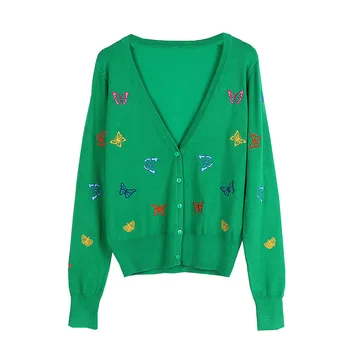 Makuluya Sød Mode Sommerfugl Broderi V-hals Vintage Sød Strikket Cardigan Sweater Forår Efterår Sommer Kvinder Frakke Pige QW