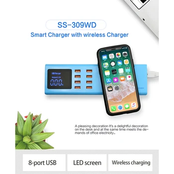 SS-309WD Mobiltelefon Intelligente trådløse oplader + 8usb Opladning port til iphone, ipad, samsung