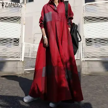 2021 Efteråret Ind Sundress ZANZEA Kvinder Afslappet langærmet Maxi Vestidos Mode Plaid Arbejde Shirt Drss Kvindelige Robe Plus Størrelse