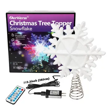 OurWarm juletræ Topper Tændte med Hvide Snefnug Projektor Roterende 3D-Glitter Tændte Julepynt til Træet