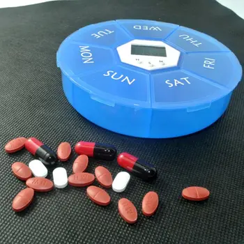 7 Net Pille Boks Elektriske Påmindelse Timer Alarm Ugentlige Runde Arrangør Medicin Sag