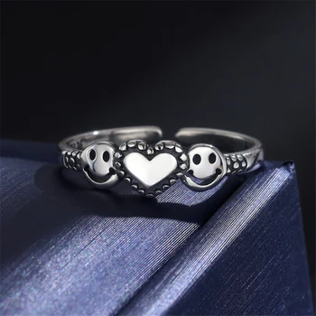 Koreansk Stil Hele Salget Dobbelt Smil Ansigt Kærlighed Hjerte Justerbare Ringe Til Kvinder, Damer 925 Sterling Sølv Vintage Åben Ring