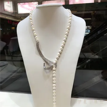 Hånd knyttede 8-9mm naturlig hvid ferskvands perle halskæde lang sweater kæde mode smykker