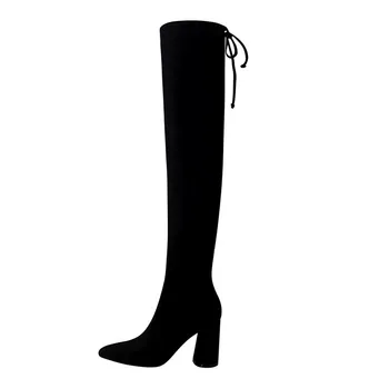 2021 Ny Varm Kvinders Over-the-Knee Støvler Pegede Kortfattet Solid Black Flok Lange Støvler Afslappet Lace-Up, Høje Hæle Sko til Kvinder