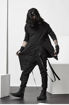 Mørke asymmetrisk høj hals T-shirt Japansk lang stil trendy mænds personlighed bunden shirt sort slim