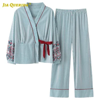 3xl Yukata Kimonoer Pyjamas Sæt med Lange Ærmer, Lange Bukser, Nattøj Plus Size Bomuld Pjs Kvinde Homesuit Homeclothes Stribet