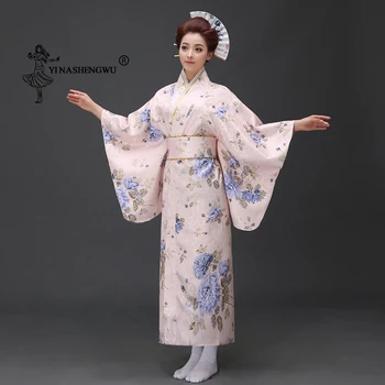 Traditionelle Japanske Blomster Print Lange Kimonoer Japan Femmes Fase Cosplay Kostume Cotume Asian Clothings Sexet Geisha Kvinder Yukata