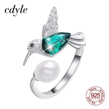 Cdyle Luksus Sølv 925 Smykker Kvinder Pearl ring med Grøn Krystal fra Swarovski Kolibri Finger Ringen Voor Vrouwen