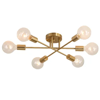 DARHYN Moderne lysekrone Sputnik lamper semi-integreret loftlampe, børstet antik guld belysning 6 lys Nordisk boligindretning