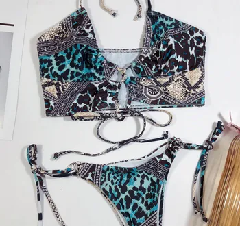 Pocket Pige Sexet String Bikini med Leopard Print Bandage String Rem Ensemble Maillot De Bain Cravate-farvestof Indtryk Maillots