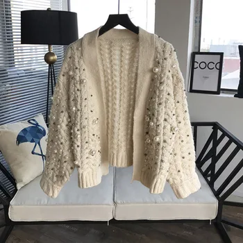 2020 Forår Og Efterår Sweater Håndlavet Hånd-syet Pearl Cardigan Sweater Kvinder Fortykket langærmet Casual Jakke, Frakke