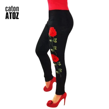 CatonATOZ 2102 Kvinders Høj Talje i Sort Broderi, Blomst Ripped Jeans Blyant Stretch Denim Bukser Kvindelige Slank Tynde Bukser