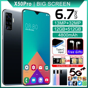Den globale Version X50Pro Mobiltelefon 6.7 Tommer 12GB RAM 512 GB ROM Celulares Android9.1 Mobiltelefoner Wifi WCDMA Smartphone