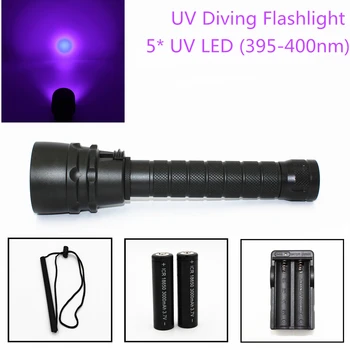25W Ultraviolet Lanterne 5000LM 5 x UV-LED Lilla Lys under vandet 100M Dykning Lommelygte Aluminium Lygte (395-400nm) til Jagt
