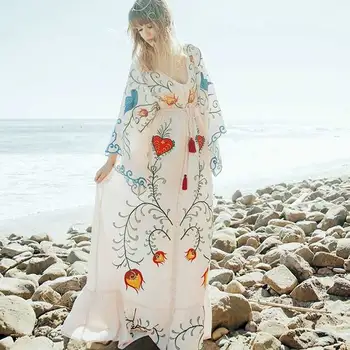 TEELYNN hvid maxi kjole Vintage bomuld blomster Broderi kjoler sexy deep V-hals strand kjole Elastisk talje brand kvinders kjoler