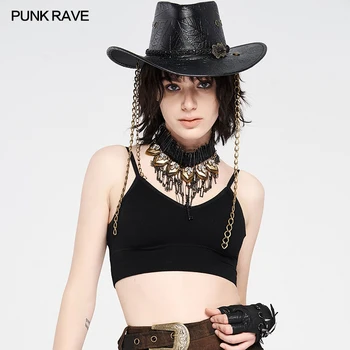 PUNKRAVE Kvinders Steampunk Cowboy Hat Punk Mode Personlighed PU Skåret Casual Nyhed Denim Hætte Kvinder Tilbehør