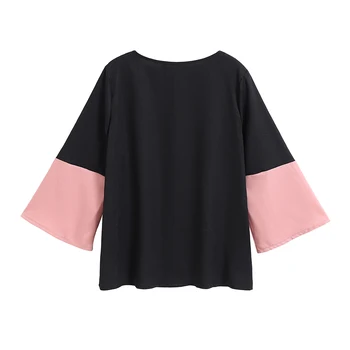 Amtivaya Bluse Foråret 2020 Nye Pink Sort Farve Blok Plus Size Kvinder Casual Top O Neck Langærmet Skjorte Nye Ankomst