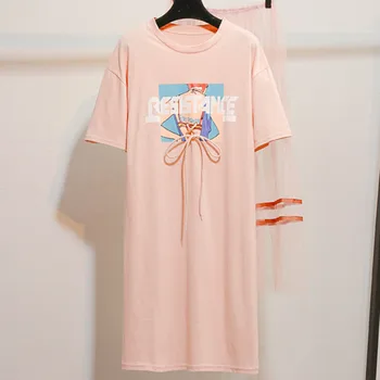 Korea Søde Kvinder Perspektiv Mesh Patchwork Casual T-Shirt Kjole Lady O-Hals, Korte Ærmer Sommer Strand Sundress Plus Størrelse 2XL