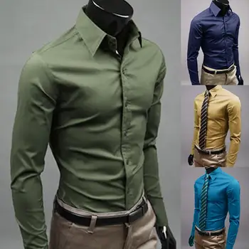 Mænd Kjole Skjorte Ny Mode Mænd Solid Farve Business Lange Ærmer Mænd Knappen Turn Down Krave Skjorte Top Polyester