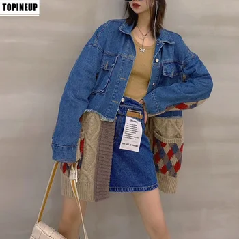 2020 koreanske faux To-stykke Denim Jakke Kvinder sweater patchwork varme Frakker overtøj D612