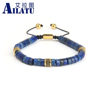 Top Kvalitet med Sorte Cz Cylinder Macrame Armbånd med 6mm Lapis Lazuli & Afrikanske Sten Perler Alle-match Smykker Logo Service
