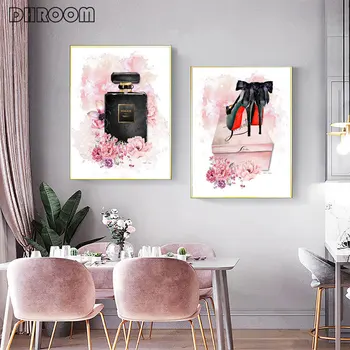 Mode Plakat Print Parfume Høj Hæl Lærred Kunst Maleri Væggen Billedet Moderne Salon Girl Room Decoration Pink Kæreste Gave