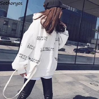 Hættetrøjer Kvinder Hooded 2020 Lange Brev Trykt Løs Harajuku Sweatshirts Dame Koreansk Stil Ulzzang Damer Fritid Beklædning
