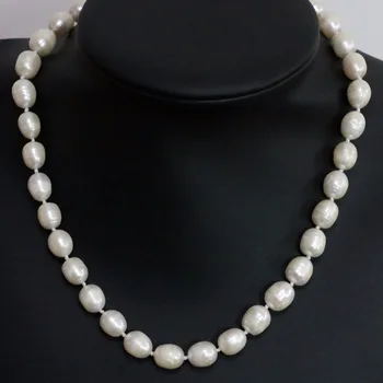 Naturlige ferskvands-hvid ferskvandsperle perler halskæde 10x13mm 7x8mm tønde ris kvinder bryllupper party smykker 18inch B1457-1