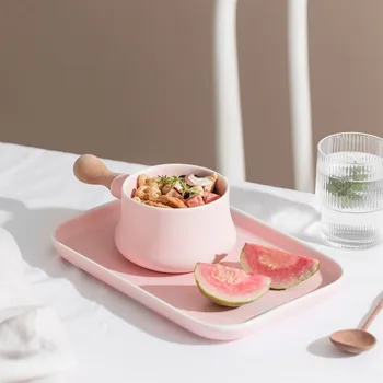Pink Grå Keramik Skål Mælk med Træ håndtag porcelænsplade Skuffe Plade Kreative Skål Desserter Plade Service, Morgenmad Sæt