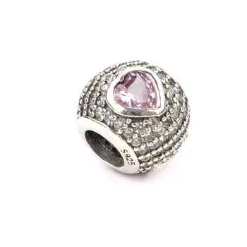 925 Sterling Sølv Hjerte af Sten Charm Til Pandora Armbånd & Fancy Pink ZIRKONIA Sølv Perler til Kvinder, Armbånd Smykker