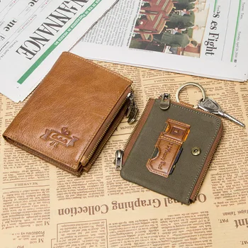 KONTAKT OS i ægte læder RFID tegnebøger mænd kreditkort indehavere herre pung med mønt lomme key mand kæde walet mandlige lås pung