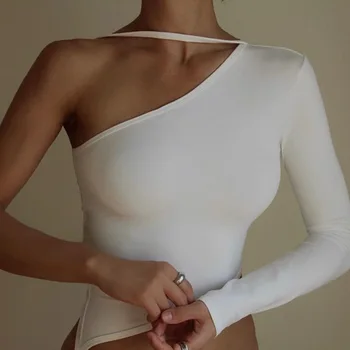 Mode og Elegant Én Skulder T-shirt med Lange Ærmer Kvinders Top Hvid Sexet Bandage Cropped Top Grundlæggende Sort Streetwear Tøj