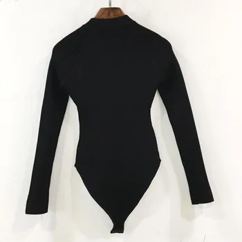 Et Stykke Strikket Sweater Bodysuit 2020 Efterår Og Vinter Guld Knapper Langærmet Hvid Sort Strik Clohtes For Kvinder