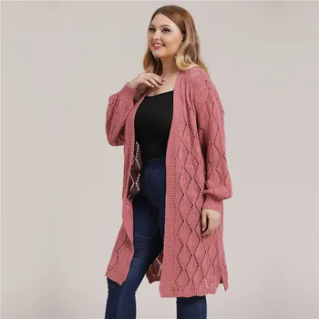 Langærmet Cardigan til Plus Size Kvinder Trøjer Damer Pink Sweater Kjole Tyk Lanterne Solid Strik Cardigans Vinteren Falder