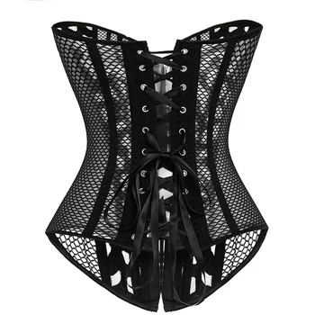 Corset sort hul trykt mesh sexet corset corset